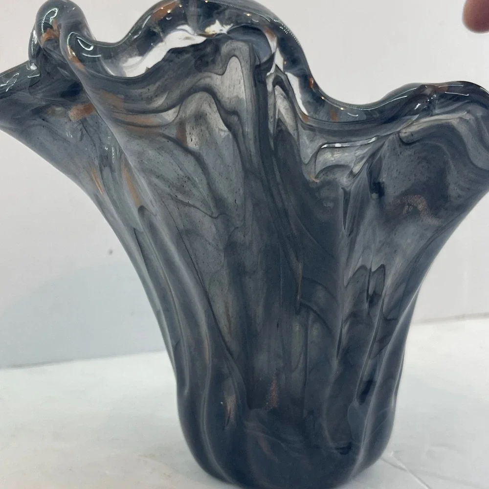 Vintage Murano Style Handkerchief Art Glass Vase Gray‎ Copper Fleck Ruffle